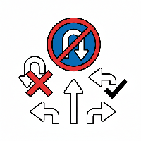 Coloring page explaining an Indian U-Turn Prohibited sign with allowed/disallowed turn arrows.