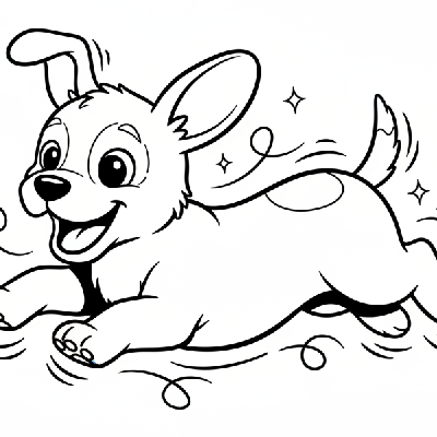 Black and white line art of a playful puppy doing an exaggerated, wiggly run, an easy coloring sheet for kids in India.