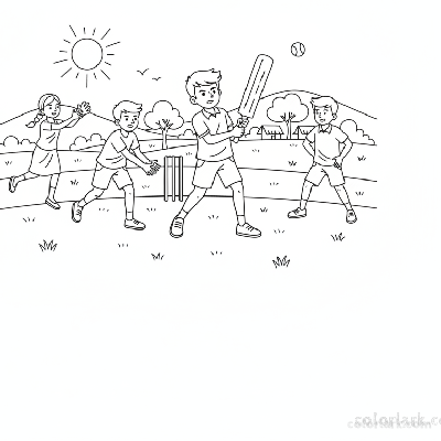 Group of Indian children enjoying a casual cricket game on a wide, open village field, with batsman, bowler, and fielders.