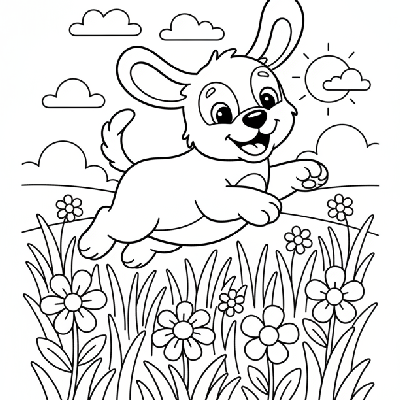 A simple black and white line art illustration of a playful puppy leaping through a meadow, suitable for coloring by kids in India.