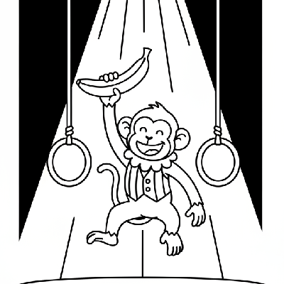 Line art of a monkey making a graceful jump through a series of hanging rings, clutching a banana triumphantly.