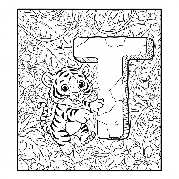 Black and white line art of a playful tiger cub pouncing on the letter T.