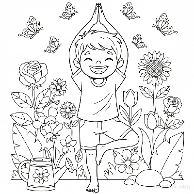 Line art of a playful boy in tree pose yoga with a watering can outline in a butterfly garden