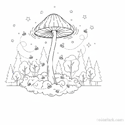 Black and white line art of an elegant mushroom lamp surrounded by fireflies in an enchanting evening forest scene, for coloring.