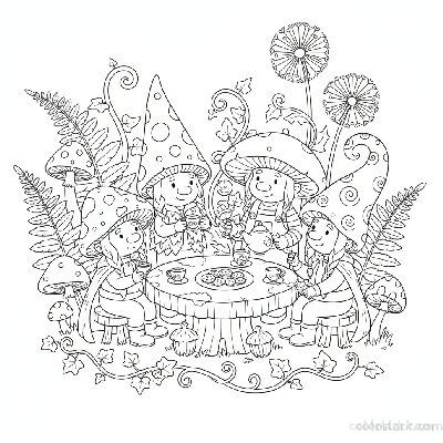 Black and white line art of several adorable mushroom gnomes having a charming tea party around a small stone table, for coloring.