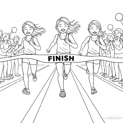 Line art of three girl athletes sprinting to a finish line with cheering fans