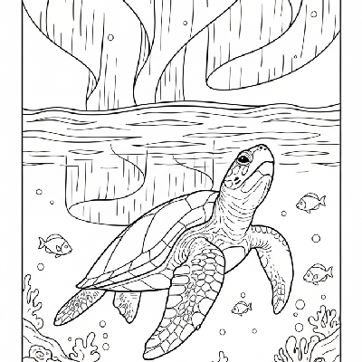 Black and white line art coloring page of a sea turtle swimming underwater with the ethereal Northern Lights reflecting from above.