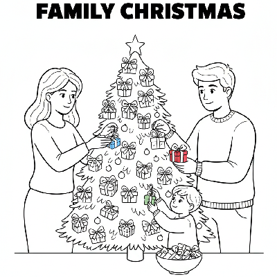 Black and white line art of a family decorating a Christmas tree with miniature gift box ornaments and ribbons.