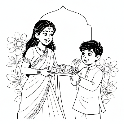 Line art of a sister offering sweets from a beautiful plate to her brother on Rakhi