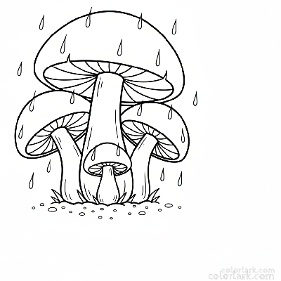 Black and white line art of a whimsical mushroom family huddling together under gentle falling raindrops, for coloring.