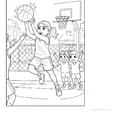 Line art of a cute Indian girl blocking a basketball shot on a street, with two friends cheering.