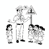 Coloring page of a traffic warden explaining an Indian Pedestrian Crossing sign to kids.