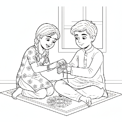 Line art of a young sister tying a traditional Rakhi on her brother's wrist