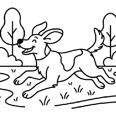 A black and white line art drawing of a playful dog running in a zigzag pattern in a park, suitable for coloring by Indian kids.