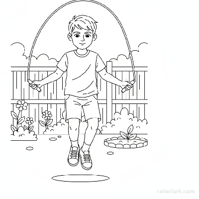 Line art of an energetic boy skipping rope in his sunny backyard