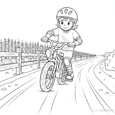 Black and white line art coloring page of a child with a helmet, taking their first pedals on a farm lane.