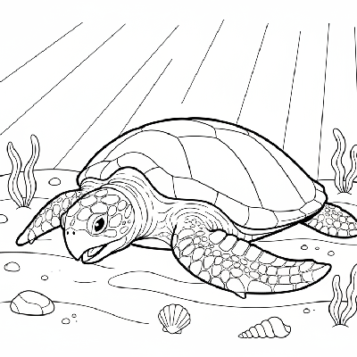 Black and white line art coloring page of a loggerhead sea turtle foraging on a sandy ocean seabed.