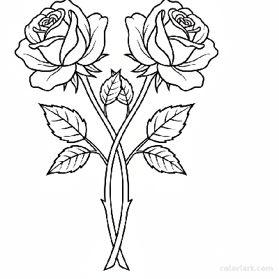 Black and white line art of two beautiful roses with their stems and leaves gracefully intertwined