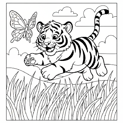 Black and white line art coloring page of a playful tiger cub pouncing after a butterfly.