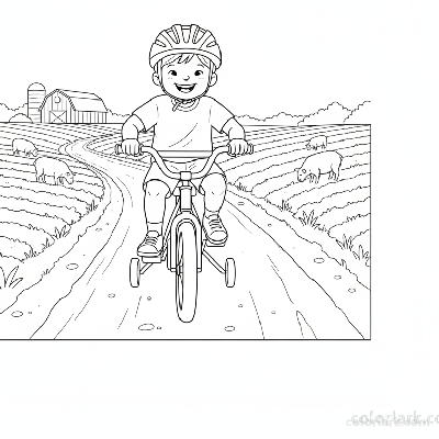 Black and white line art coloring page of a happy child with a helmet, riding a bicycle on a smooth farm track.