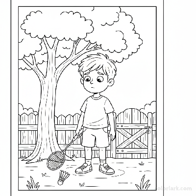 Line art of a child with a badminton racket watching a shuttlecock fall.