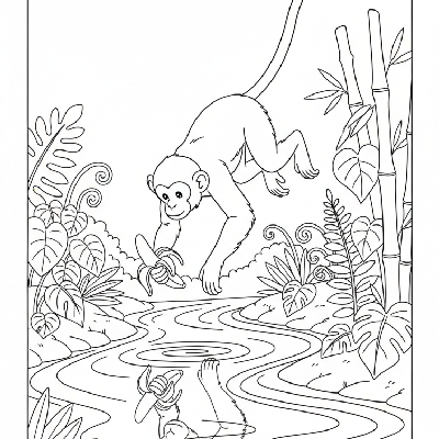 Line art of a monkey mid-jump over a stream, expertly peeling a banana in one hand.