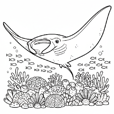 Black and white line art of a graceful manta ray swimming above a detailed coral reef, ready for coloring.