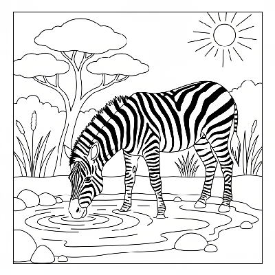 Line art of a graceful striped zebra bending its head down to drink water from a clear pool in a sunny zoo.