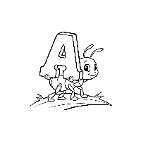 Black and white line art of a busy ant carrying the letter A.