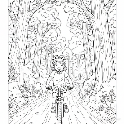 Black and white line art coloring page of a smiling child with a helmet, riding a bicycle on a quiet forest service road.