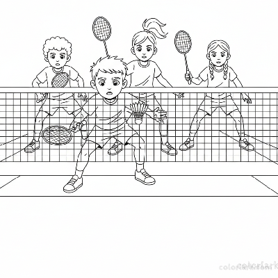Children playing doubles badminton near the net, with one player reaching for the shuttlecock.