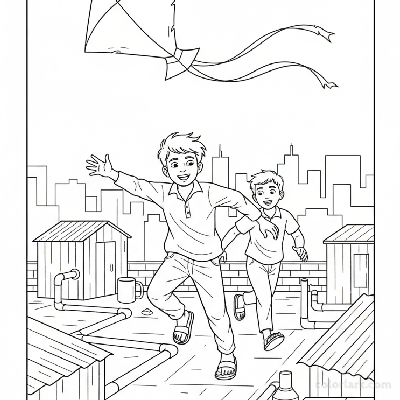 Line art of young Indian boys chasing a falling kite on a busy Indian city rooftop, for coloring.
