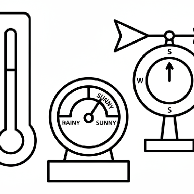 Black and white line art of a weather science station with a thermometer, barometer, and wind vane, all formed by circles, squares, and triangles.