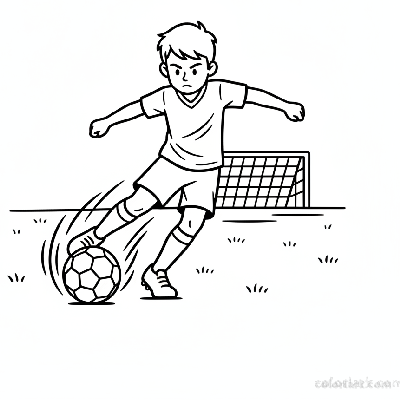 Line art of a young boy footballer powerfully kicking a soccer ball on a field.