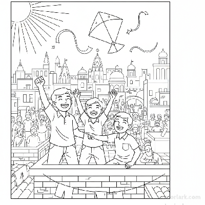 Line art of Indian boys celebrating a kite victory on a crowded Indian city rooftop, for coloring.