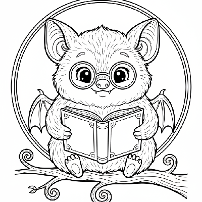 Black and white line art of a cute little bat wearing reading glasses and holding a storybook, Halloween coloring page.