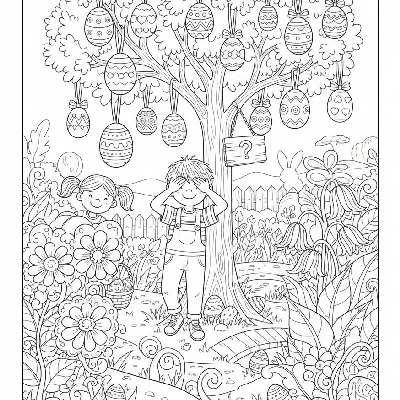Black and white line art of three children playing hide and seek in a garden with an Easter egg twist.