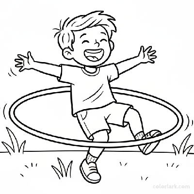 Line art of a laughing child with a giant hula hoop outdoors