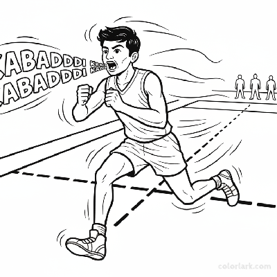 Black and white line art of an Indian Kabaddi player sprinting and chanting 'Kabaddi Kabaddi'.
