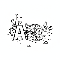 Black and white line art of a cute armadillo rolling near the letter A.