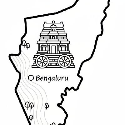 Line art coloring map of Karnataka state, featuring Bengaluru, a simplified Hampi ruins illustration, and Western Ghats.