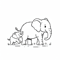 Coloring page of a baby elephant playfully pushing its mother.