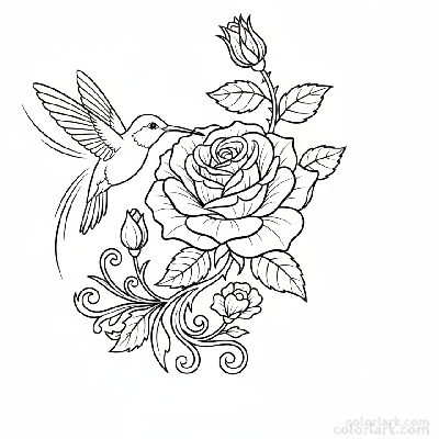 Black and white line art of a graceful hummingbird hovering near a blooming rose to sip nectar