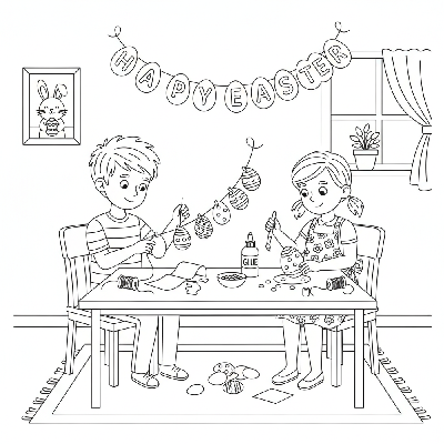 Black and white line art of two children making an Easter egg garland with strings and paper egg cutouts.