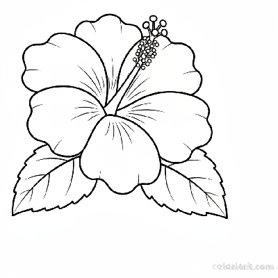 Black and white line art of a single hibiscus flower with a visible stamen and a few leaves.