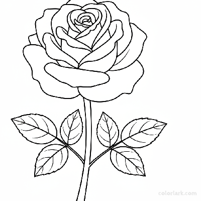 Beginner rose with multiple leaves coloring page for detail, black and white line art, simple flower with foliage.