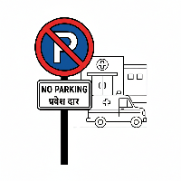 Coloring page of an Indian No Parking sign near a hospital entrance.