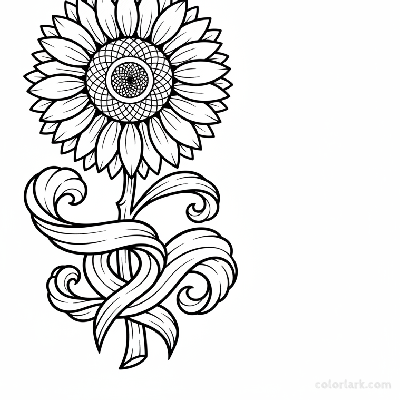 Black and white line art of a sunflower with artistically curled or abstract leaves