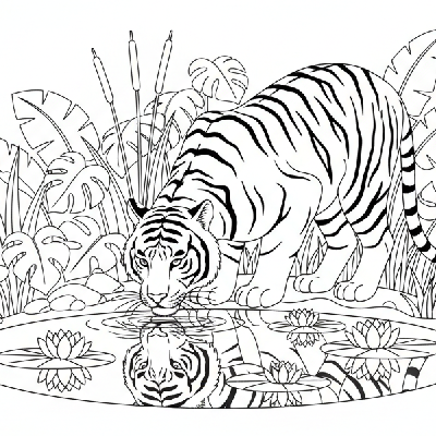 Black and white line art of a lone tiger drinking from a pond with water lilies in an Indian jungle