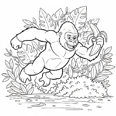 Line art of a young Gorilla monkey taking a strong ground-level leap over a bush, holding a large banana.